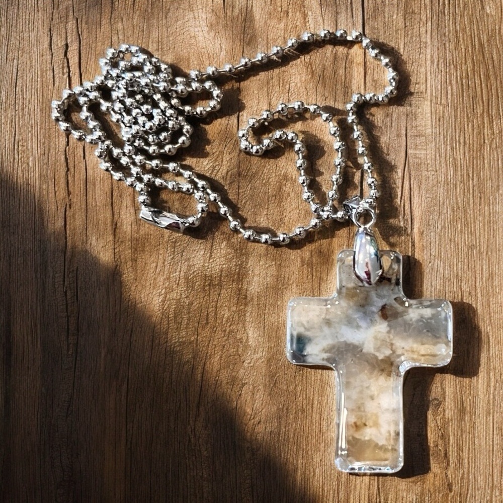 Crystal Clear Glass Cross Necklace with silver toned Beaded Chain 22” - Picture 5 of 17